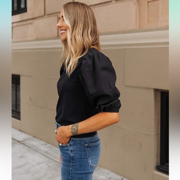 The Drop Women's Black Combined Fabric Pleated Puff-Sleeve Top sz S - Picture 3 of 9